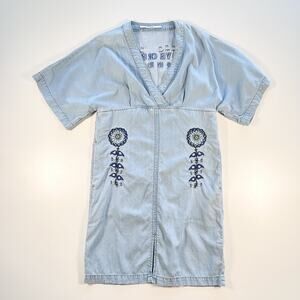 Dazzle Lightweight Embroidered Womens Knee Length Denim Dress Boho X Small